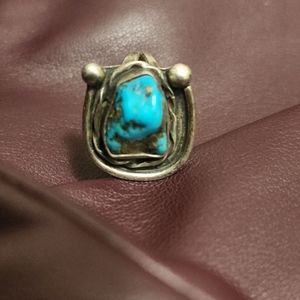 VINTAGE STAMPED SILVER & TURQUOISE NATIVE AMERICAN RING 8 1/2 ☆